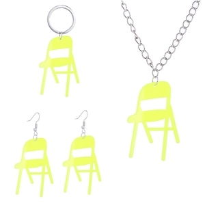 Neon green acrylic mini chair jewelry set featuring matching necklace, earrings and keychain