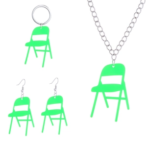 Neon green acrylic mini chair jewelry set featuring necklace earrings and keychain