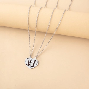 Couples heart puzzle necklace set in silver with romantic marriage proposal engraving