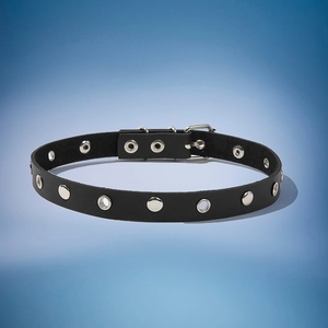 Choker punk en cuir noir avec œillets et rivets en métal argenté sur fond dégradé