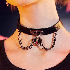 Punk style black leather choker with heart padlock pendant and metallic chains