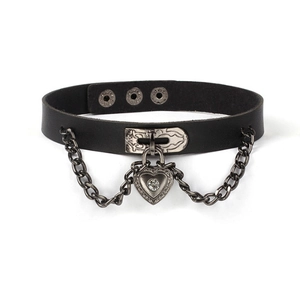 Gothic punk black leather choker featuring a heart padlock pendant and metal chains