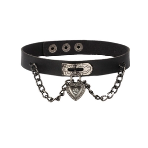 Gothic punk black leather choker with silver heart locket and rhinestone chain detail