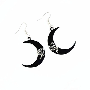 Gothic style black crescent moon earrings with silver rose motif and fishhook dangles