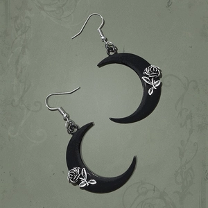 Gothic moon and rose drop earrings with silver flower detail on dark crescent base