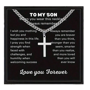 Collier avec pendentif croix en acier inoxydable argenté, boîte cadeau et carte