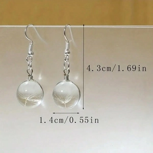 Minimalist clear glass ball earrings with dandelion seeds and silver hook for women
