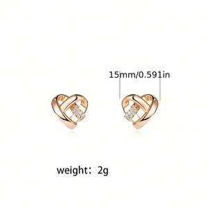 Elegant rose gold heart earrings with inset diamonds, 15mm width minimalist jewelry