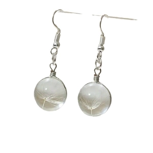 Minimalist clear glass ball earrings featuring real dandelion seeds and silver hooks