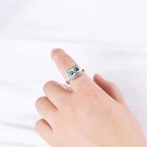 3D cat head adjustable open ring with blue gemstone eyes in silver finish for women
