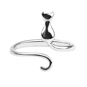 Detailed close-up of a silver cat-shaped open ring featuring a cute head and long tail