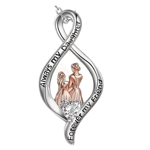 Collier infini argenté avec figurines mère-fille or rose et zircon en forme de cœur