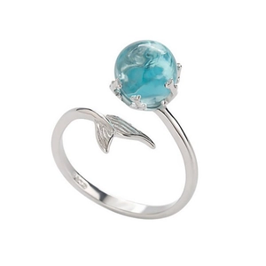 Adjustable S925 silver mermaid tail ring featuring a blue sea bubble glass ball