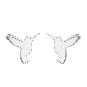 Polished silver hummingbird stud earrings made of stainless steel on a white background