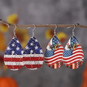 Teardrop Earrings PU Leather American Flag Independence Day Patriotic Vintage Glitter Star Stripes For Women