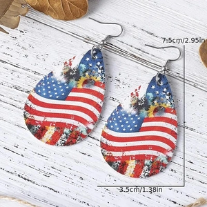 Independence Day teardrop hook earrings with American flag tie-dye printed leather design