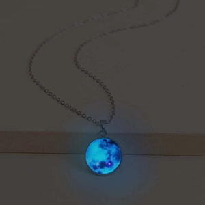 Luminous Moon Pendant Necklace Glow In The Dark Blue Galaxy Starry Sky Glass Dome Alloy Chain Unique Jewelry For Women
