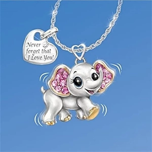 Collier Pendentif Éléphant Dessin Animé Alliage De Zinc Avec Strass Rose Étiquette Coeur Bijoux Cadeau Enfant