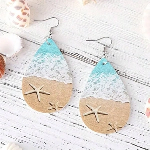 Ocean beach style teardrop earrings made of PU leather with wave and starfish pattern