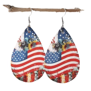Patriotic teardrop earrings with American flag pattern on vintage PU leather material