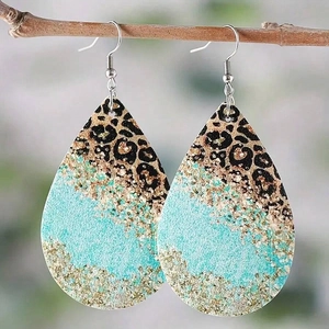 Boucles D'oreilles Pendantes Goutte Imprimé Léopard Similicuir PU Paillettes Bleues Style Bohème Occidental Pour Femmes