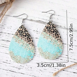 Boucles d'oreilles western en cuir PU léopard et paillettes bleues, taille 7,5x3,5 cm