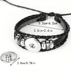 Schwarzes mehrlagiges geflochtenes Lederarmband mit Tierkreisring und Druckknopf