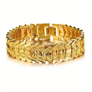 Men Wide Chain Bracelet Zinc Alloy Gold Plated Star Flower Relief Vintage Hip Hop Commuter Style With Fold-over Clasp