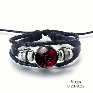 Mehrlagiges Lederarmband mit Sternzeichen Jungfrau, geflochtenen Bändern und Glasanhänger