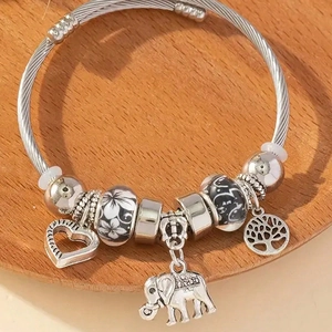 Zinc Alloy Beaded Bracelet With Heart Elephant Tree Of Life Charms And Enamel Floral Beads Wire Bangle For Women