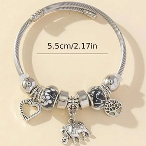 Silver stainless steel wire bracelet with elephant and tree of life charms