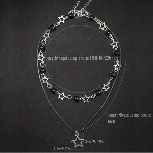 Punk style double-layer black bead and star pendant necklace with leather cord