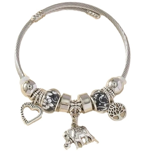 Silver beaded charm bracelet with elephant, heart and tree of life pendants