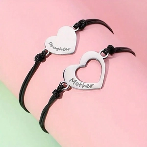Adjustable heart mother daughter bracelet set with engraved stainless steel charms
