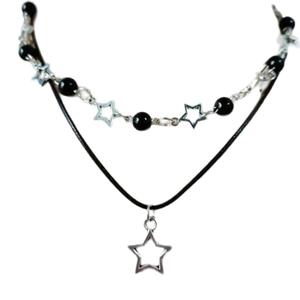 Double-layered Y2K star pendant necklace with black beads and silver hollow stars