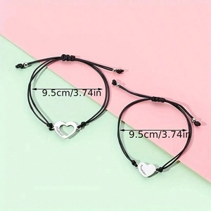 Adjustable heart Mother Daughter bracelet set with engraved lettering and woven cord