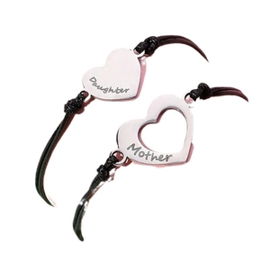 Adjustable Mother Daughter heart charm bracelets with engraved lettering on black cords