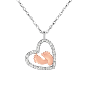 Collier MOM avec pendentif cœur bicolore argent et or rose et petits pieds de bébé