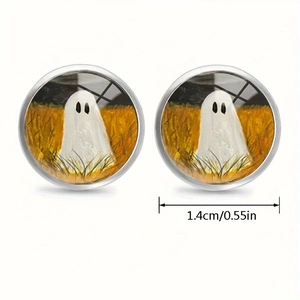 Boucles d'oreilles fantôme avec cabochon en verre et motif fantôme blanc, taille 1,4cm
