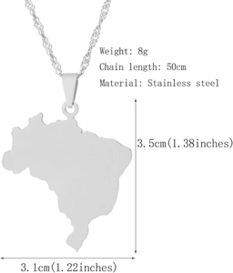 Detailed size chart showing Brazil map pendant dimensions 3.5x3.1cm and 50cm chain length