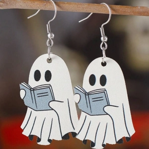 Ghost reading book acrylic drop earrings for Halloween gothic book lovers gift jewelry