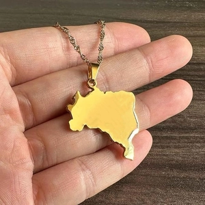 Polished gold stainless steel Brazil map pendant necklace with a sleek water wave chain