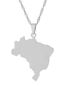 Polished silver stainless steel Brazil map pendant with a fine twisted rope chain