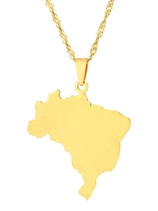 Macro shot of gold-plated Brazil map pendant with elegant twist chain on white background