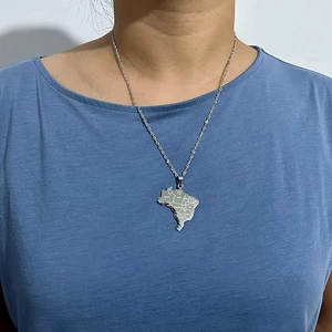 Polished stainless steel Brazil map pendant necklace with detailed laser engraving on model