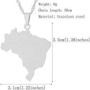 Polished stainless steel Brazil map outline pendant necklace with 50cm chain link