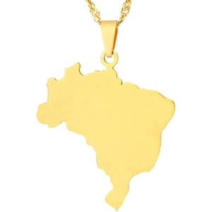 Golden Brazil map pendant necklace made of polished stainless steel on white background