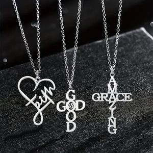 Collier Pendentif Croix Religieuse en Acier Inoxydable Bijoux d'Inspiration Foi Coeur Lettrage pour Hommes Femmes Cadeau Quotidien