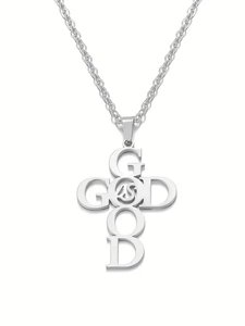 Détail du pendentif croix God Is Good en acier inoxydable argenté sur chaîne fine