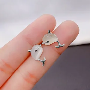 Dolphin Stud Earrings Zinc Alloy With Opal Cat Eye Stone And Zircon Small Animal Shape Ocean Style Sweet Jewelry For Women